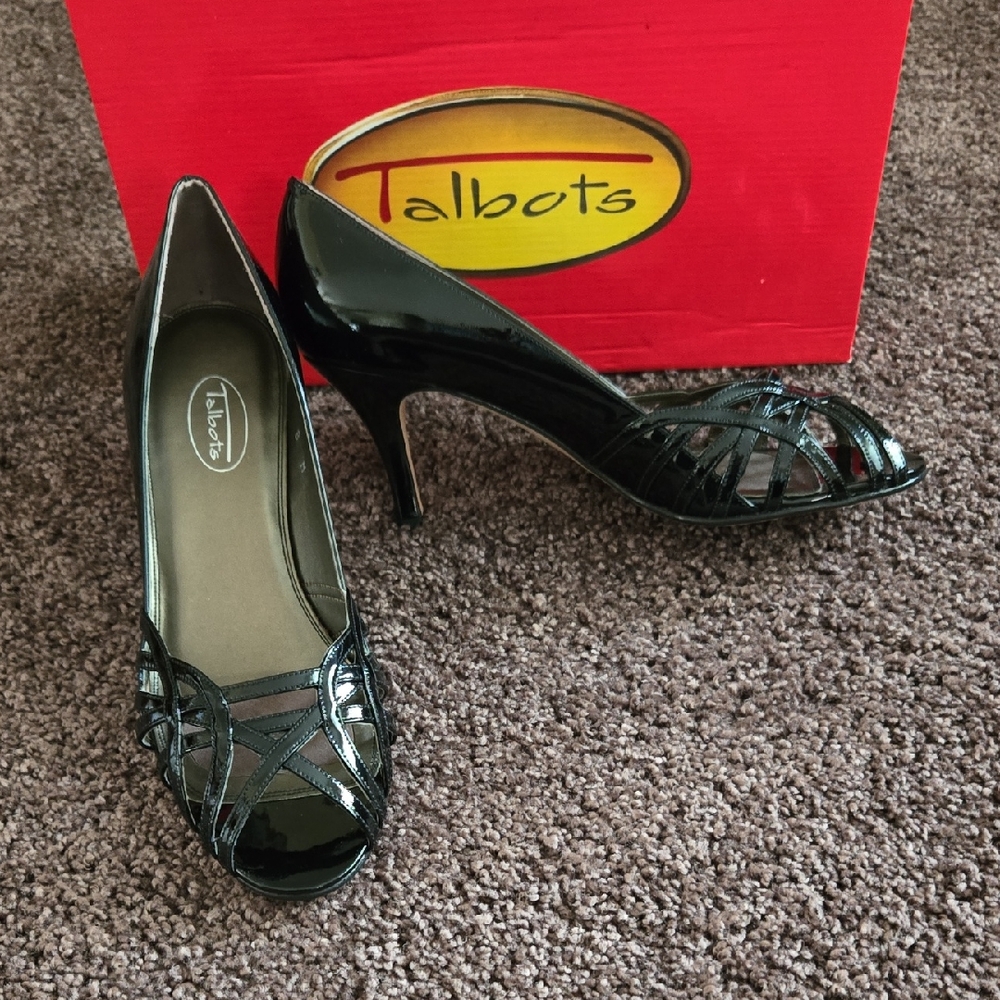 NEW Talbots Black Open Toe Patent Heels 8 M